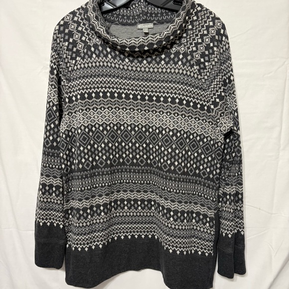 T by Talbots grey, black, and white Fair Isle print longline cowl neck sweater - Picture 2 of 10
